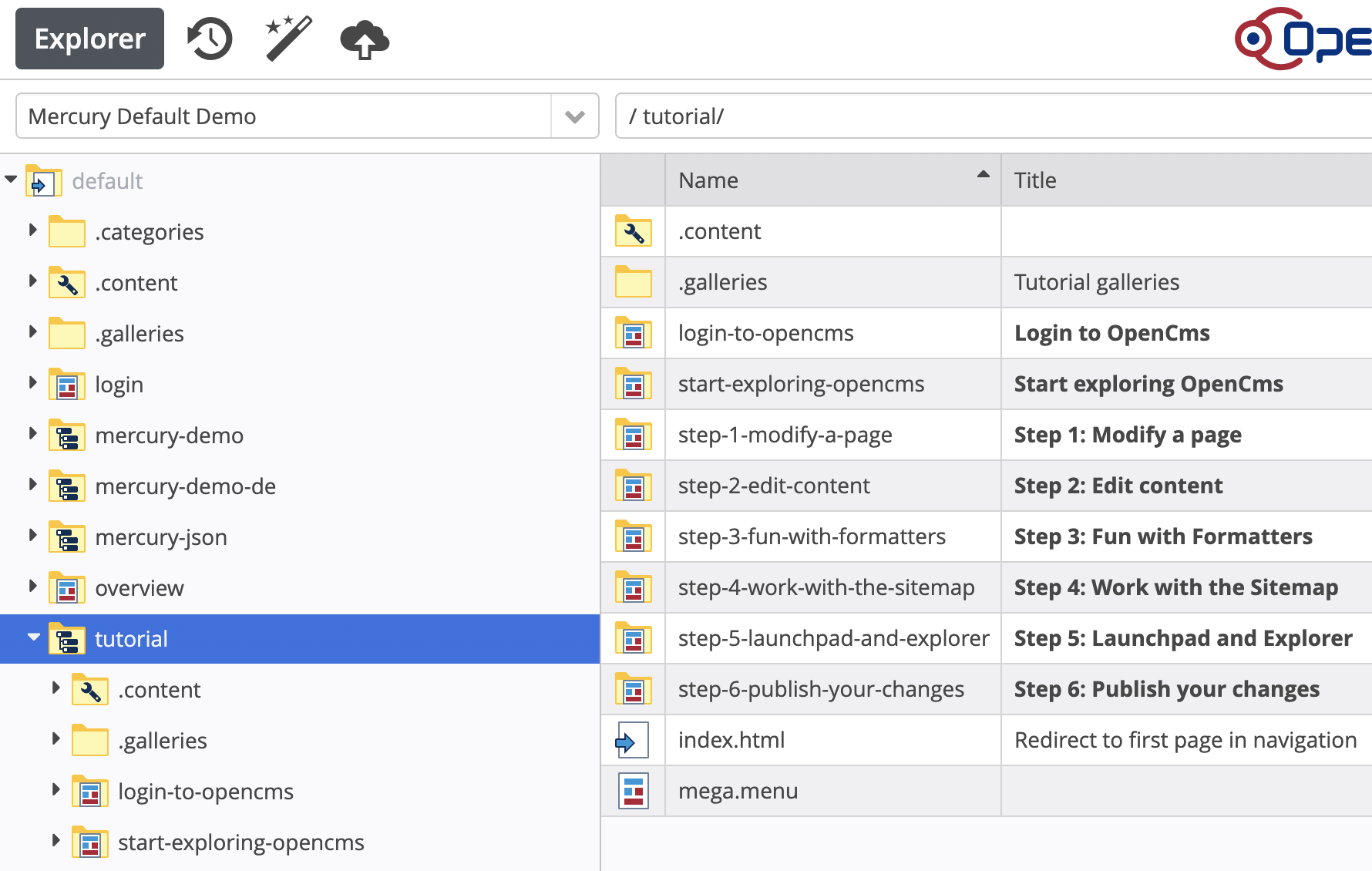 The Mercury “Demo Site” opened in the OpenCms explorer.
