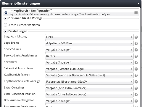 Element-Einstellungen für das 'Burger' Menü