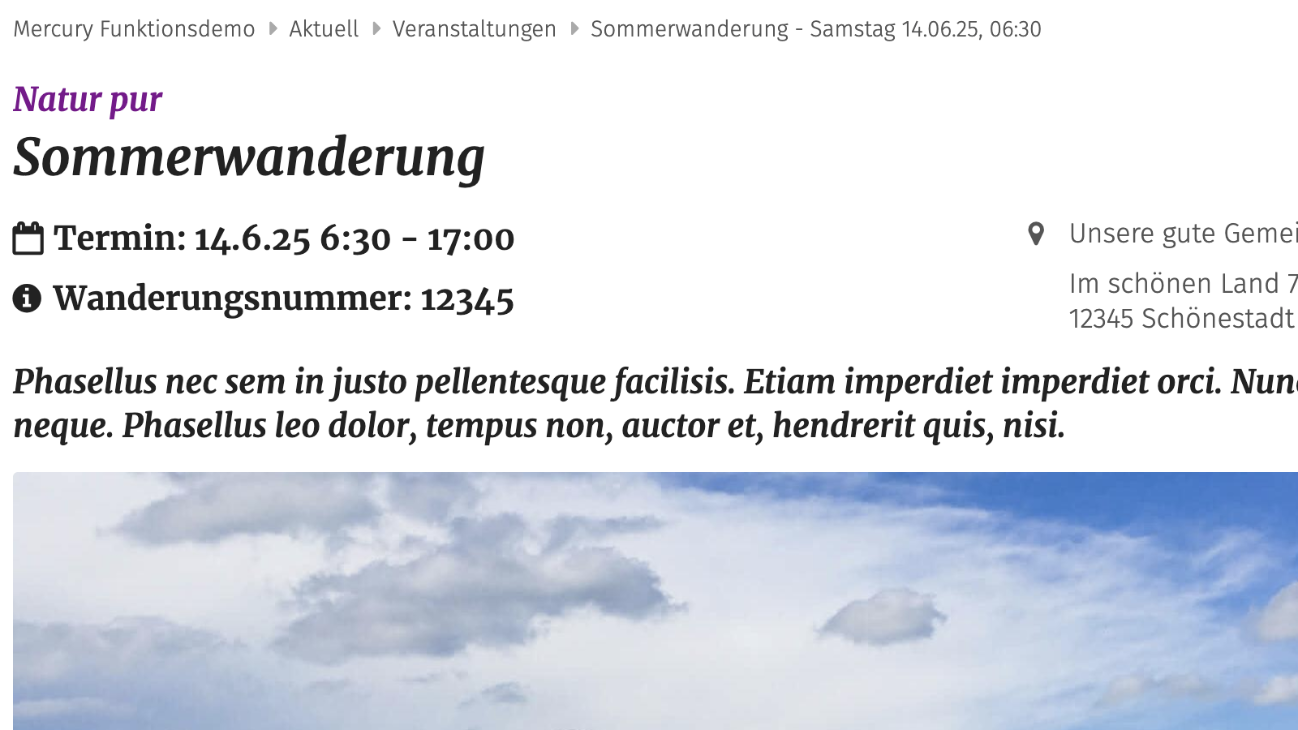 Veranstaltung Detailansicht mit Datum und Infos unterhalb des Titels