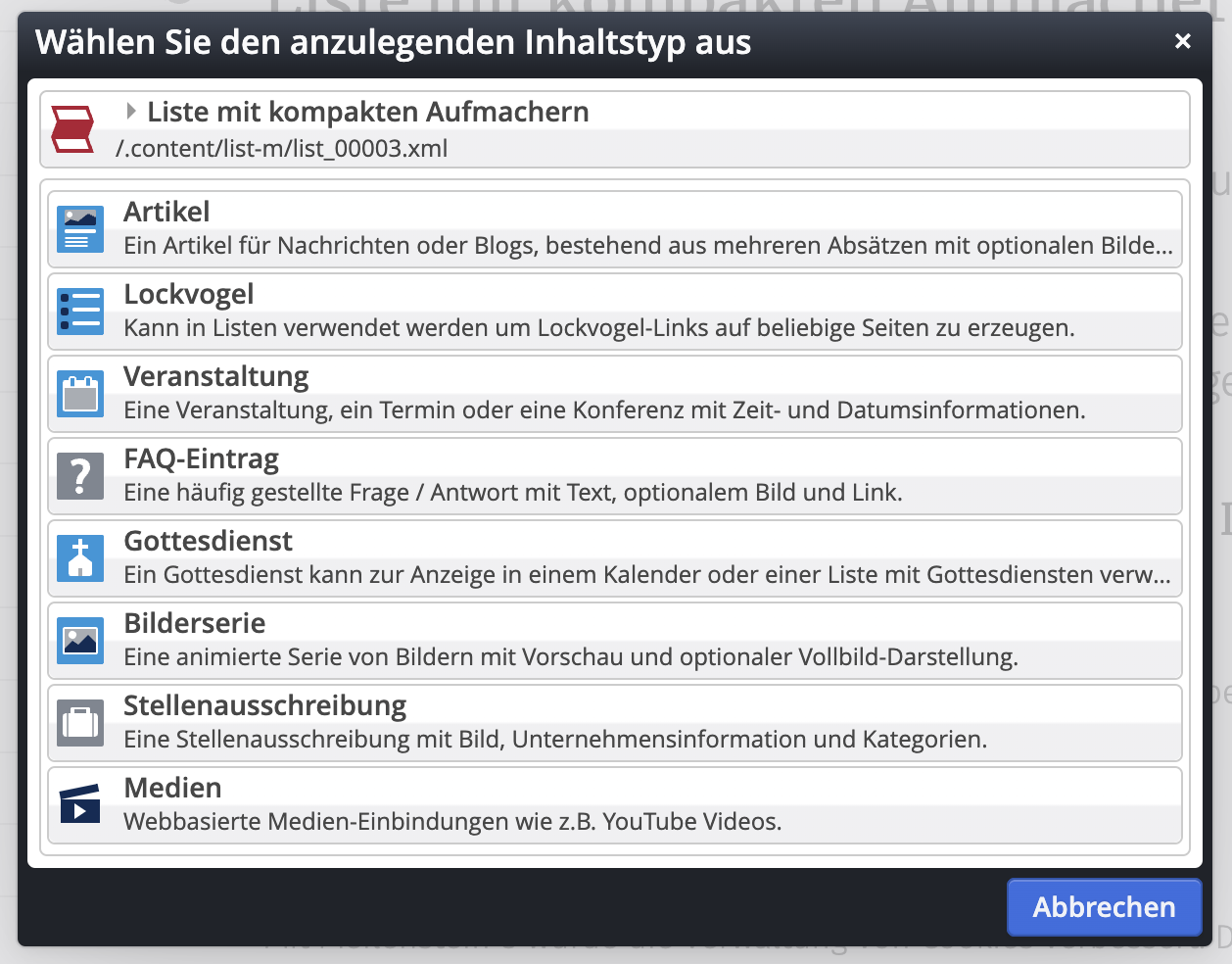 Auswahl des Elementtyps in gemischten Listen