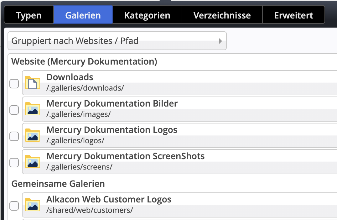 Gruppierung von Galerien nach Website