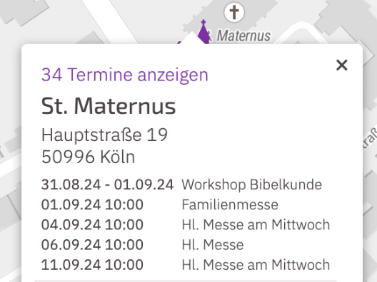 Display of events in map search