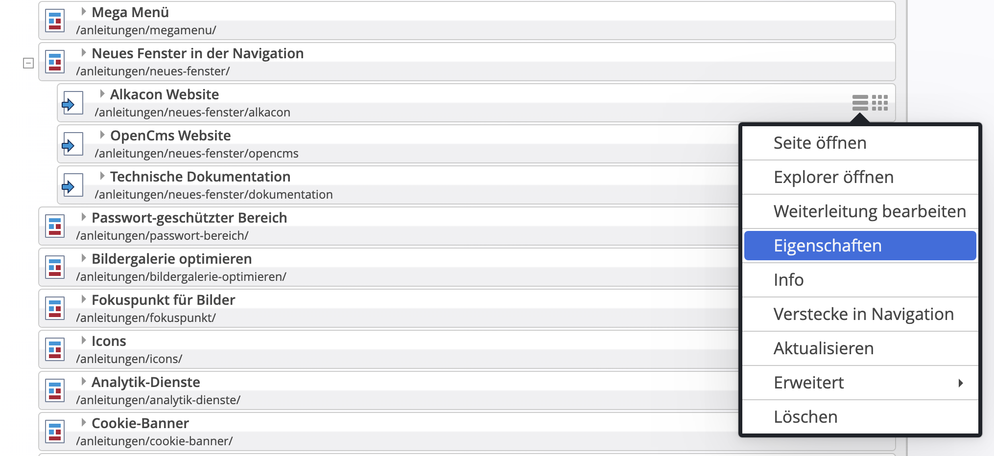 Eigenschaften der Seite in der Sitemap-Ansicht öffnen