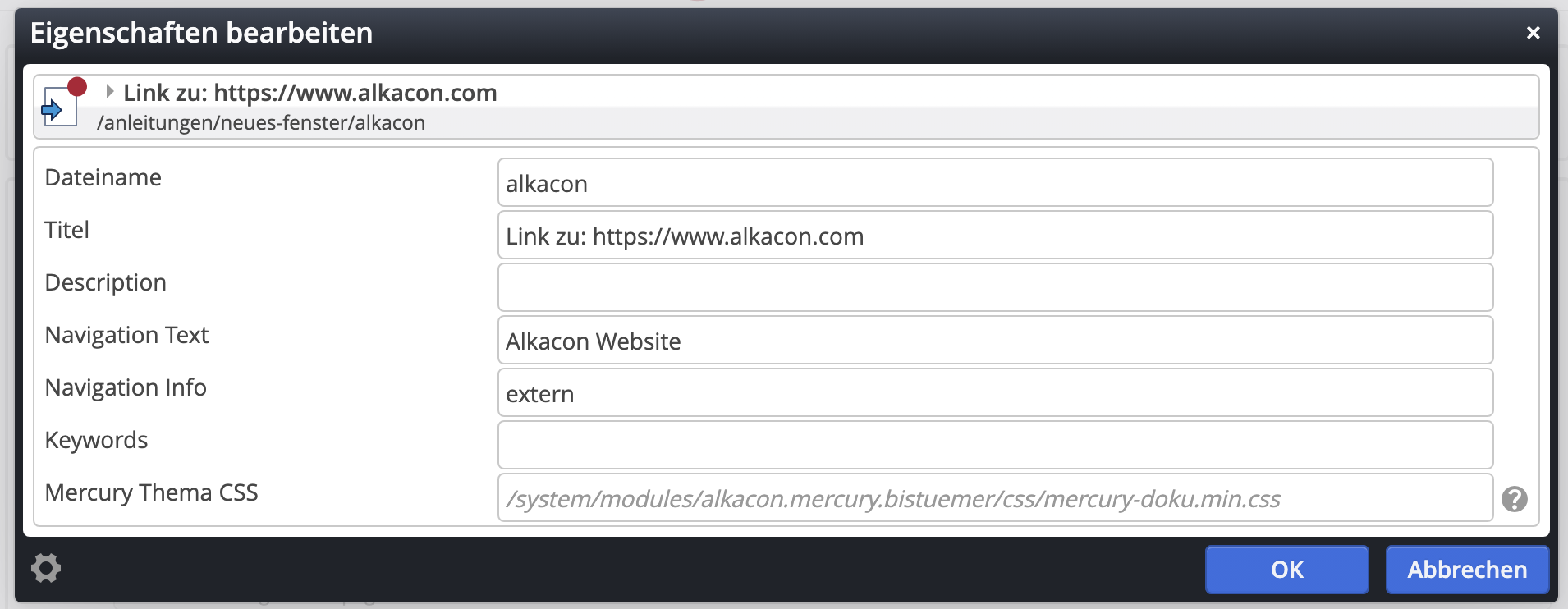 Eigenschaft 'Navigation Info' auf 'extern' setzen